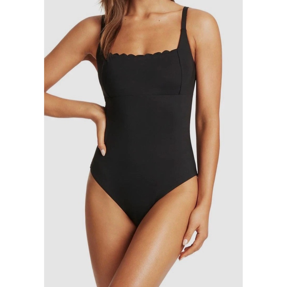 Sea Level Australia Black Scalloped Square Neck One Piece Swimsuit US 8 NWOT